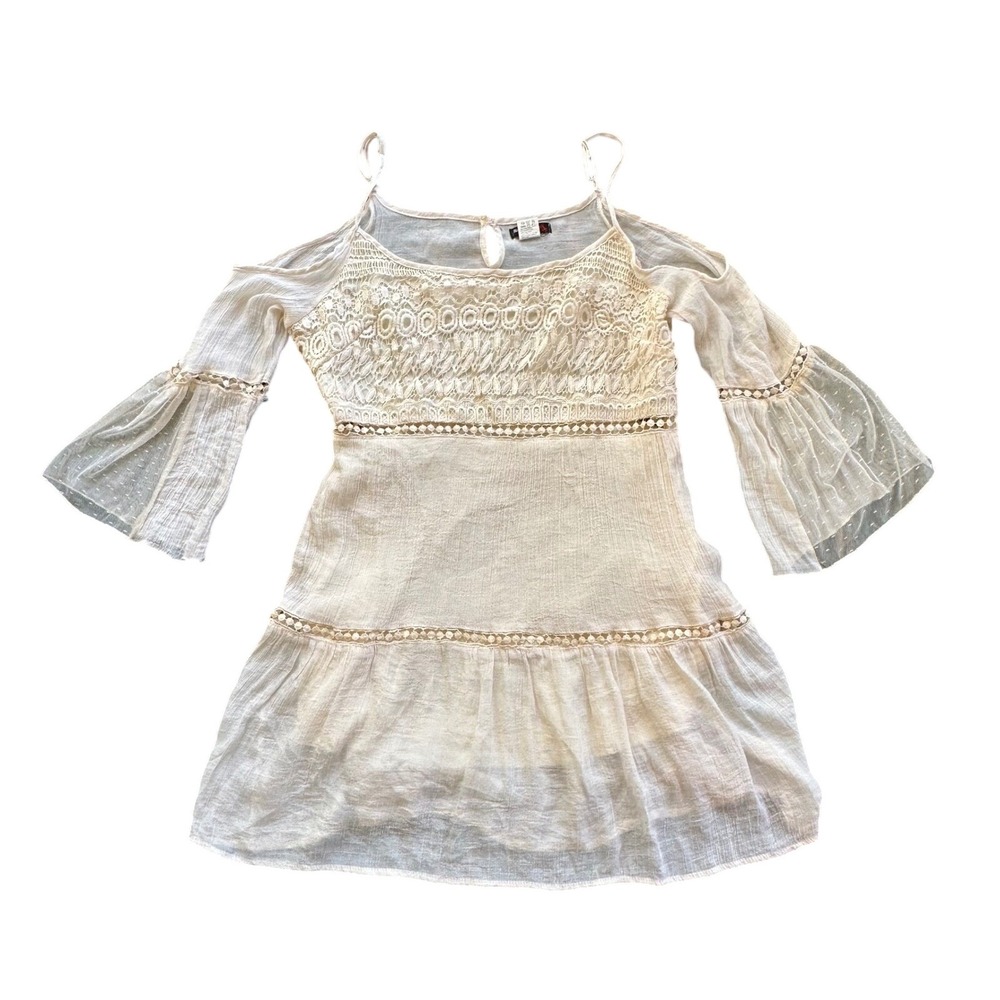 Vivid Importers Boho Crochet Lace Cold Shoulder‎ Bell Sleeve Mini Dress Cream L